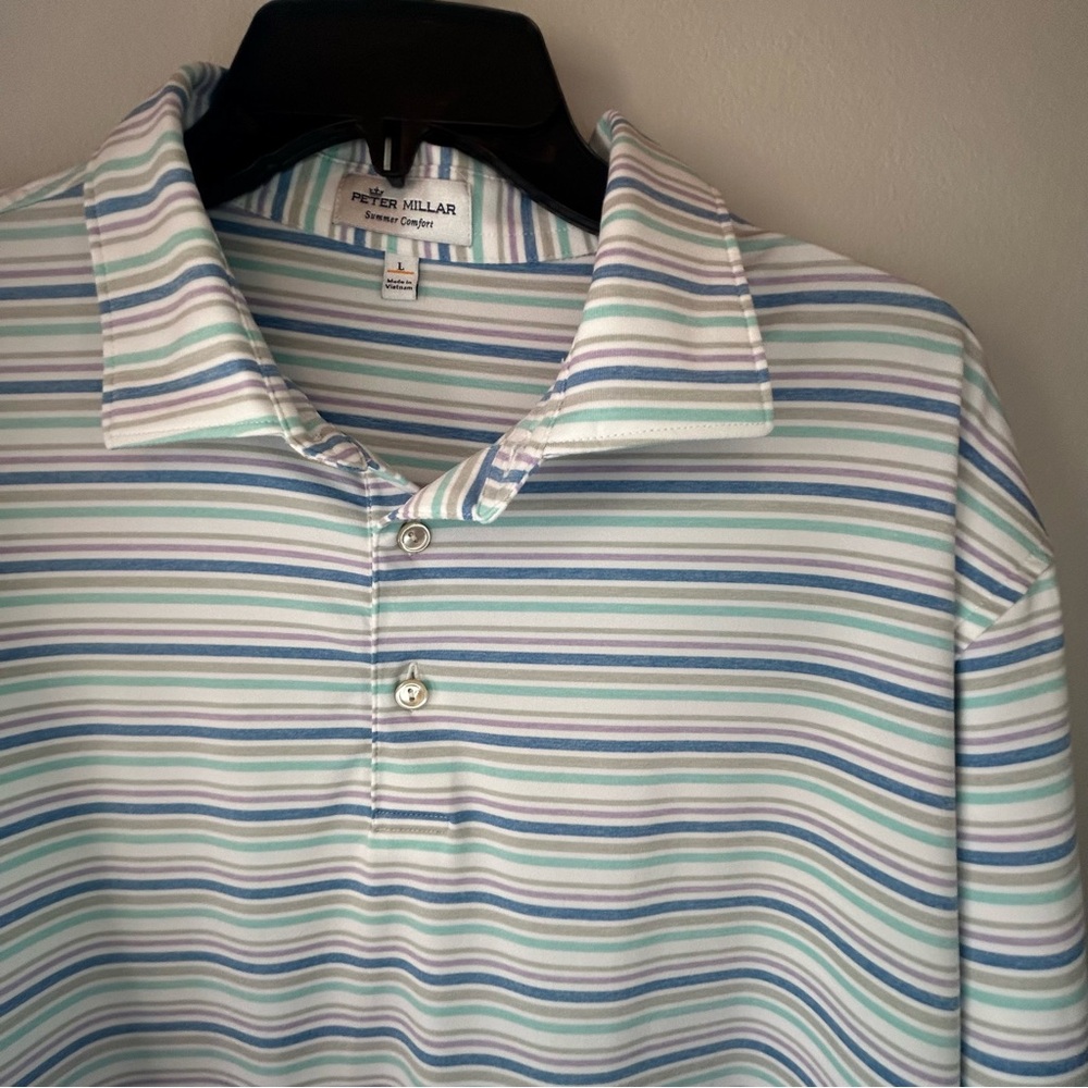 Peter Millar White Golf Polo Shirt with Stripes